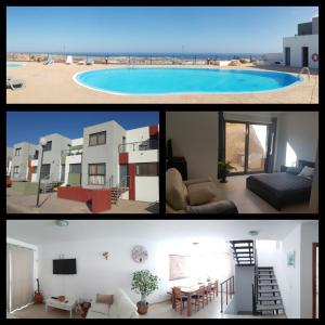 two pictures of a living room and a pool at Casa Roca in Caleta De Fuste