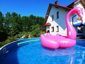 een roze opblaasbare zwaan in een zwembad bij Rest in Manowo - Holiday Home Baltic Sea in Manowo