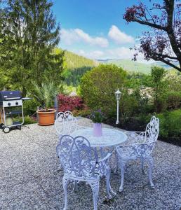 a table with four chairs and a grill in a yard at Hills Hut in Langelsheim