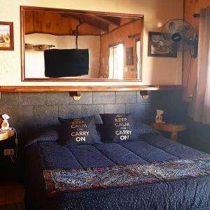 a bedroom with a blue bed with a mirror at Alto Ciprés in Salamanca