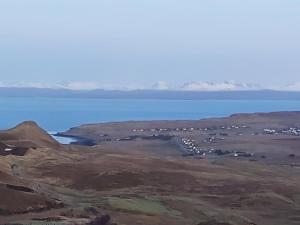 a group of animals in a field next to a body of water at Self-catering Cottage at Benview in Staffin