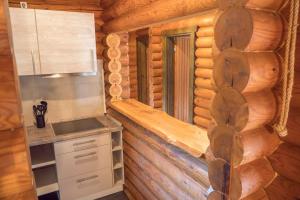 una cocina en una cabaña de madera con fregadero en Ferienhaus Naturliebe en Winterberg