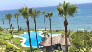 a view of a pool with palm trees and the ocean at MI CAPRICHO A12 BEACHFRONT - Apartment with sea view- Costa del Sol in Sitio de Calahonda