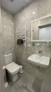 La salle de bains est pourvue de toilettes, d'un lavabo et d'un miroir. dans l'établissement Аркадия Скай, à Odessa