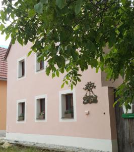 ein rosafarbenes Haus mit Topfpflanzen in den Fenstern in der Unterkunft Ferienwohnung  Max 22 in Müglitztal