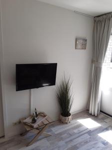 Una sala de estar con un televisor de pantalla plana en una pared. en Sunny Residence, en Zandvoort