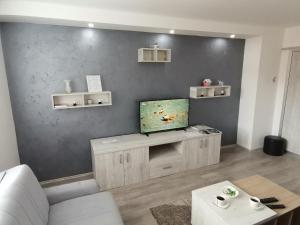 a living room with a tv on a gray wall at Fantastik in Bajina Bašta