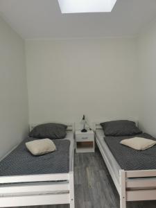 バーベにあるFerienwohnung Zoschkeのベッド2台が隣同士に設置された部屋です。