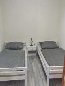 two beds sitting next to each other in a bedroom at Ferienwohnung Zoschke in Baabe