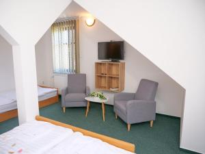 Kleines Zimmer mit 2 Stühlen und einem TV in der Unterkunft Penzion a restaurace U Červinků in Čistá u Horek