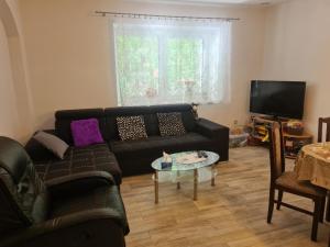 a living room with a black couch and a table at Chata Nový Ples in Nový Ples