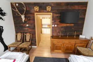 een woonkamer met een houten muur en een flatscreen-tv bij Apartament - Jurczak in Narol