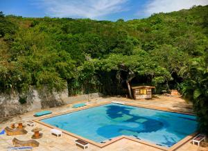 uma grande piscina com cadeiras e árvores em The Eco Palace Hostel em Búzios
