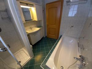 La salle de bains est pourvue d'une baignoire, d'un lavabo et d'une douche. dans l'établissement Appartement IVA, à Flattach