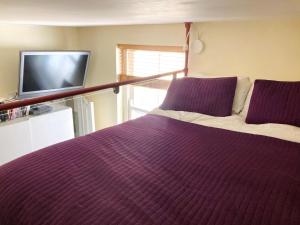 a bedroom with a purple bed and a tv at Two Top Central Unique Artisan Beach Studios - also separate spa cabin in Brighton & Hove
