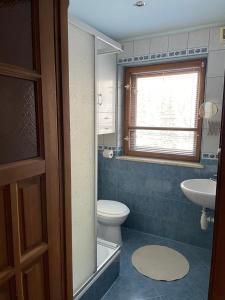 a bathroom with a toilet and a sink and a window at Apartament Krystynka nr 2 in Poronin