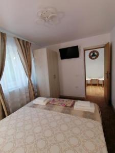 ein Schlafzimmer mit einem großen Bett und einem TV in der Unterkunft apartament Ștefi in Eforie Sud