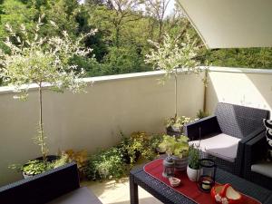 a patio with a table and chairs and potted plants at Jasna Apartman in Vrnjačka Banja