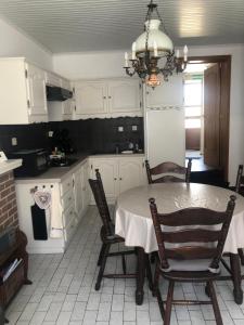 a kitchen with a table and chairs and a chandelier at vakantiehuisje Vds in Tongeren