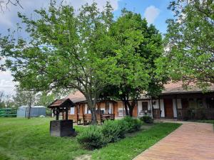 ein Haus mit einem Baum davor in der Unterkunft Faluház Tiszasüly in Tiszasüly