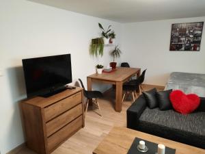 een woonkamer met een bank en een tafel met een televisie bij Penzion U zlaté collie in Doksy