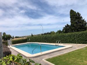 a swimming pool in a yard next to a hedge at Bungalow Carpe Diem wifi in Torrevieja