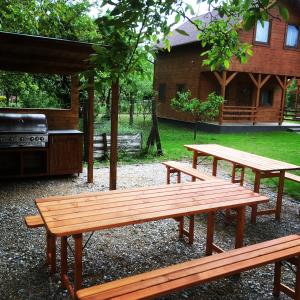 dos mesas de picnic y una parrilla en un patio en MINARDI vendégházak, en Berekfürdő