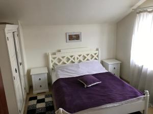 um quarto com uma cama com lençóis roxos e duas mesas de cabeceira em Teachers em Dărmăneşti