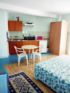 a bedroom with a table and chairs and a kitchen at Vila Umicevic in Bijela