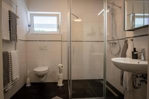 ein Bad mit einer Dusche, einem WC und einem Waschbecken in der Unterkunft Im Unterdorf Apartments Rust in Rust