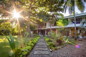 um jardim em frente a um edifício com o sol a brilhar em Casa Chapolin Boutique Guesthouse em Palomino