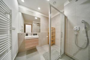 bagno con lavandino e doccia in vetro di Dolcevita apartments a Harrachov