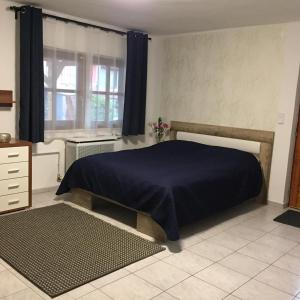 een slaapkamer met een bed met een blauwe deken erop bij JAndi apartman in Hévíz