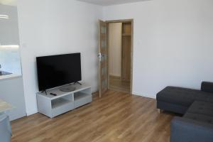 ein Wohnzimmer mit einem Flachbild-TV und einem Sofa in der Unterkunft Apartament pod Siódemką in Kołobrzeg