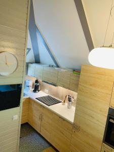 eine Küche mit einem Kochfeld im Zimmer in der Unterkunft Mein-Seepark, Ferienhaus Heike in Kirchheim
