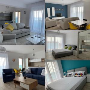 un collage de cuatro fotos de una sala de estar en Vela Luxury Sea View Apartments - Marina Surf, en Mamaia Nord – Năvodari