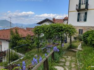 a garden with purple flowers in front of a house at Ratto del Gallo in Stresa