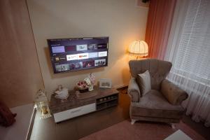 a living room with a chair and a flat screen tv at Studio apartman Dona in Nova Varoš