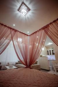 a bedroom with a bed with a pink curtain at Studio apartman Dona in Nova Varoš