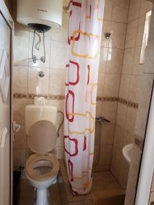 a bathroom with a toilet and a shower curtain at Guesthouse Domenik in Ulcinj