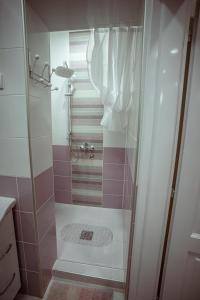 Łazienka z prysznicem wyłożona jest różowymi i białymi kafelkami. w obiekcie Studio apartman Dona w mieście Nova Varoš