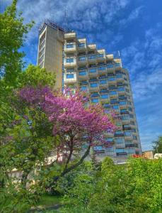 un edificio alto con un árbol floreciente delante de él en Rovno Hotel en Vidin