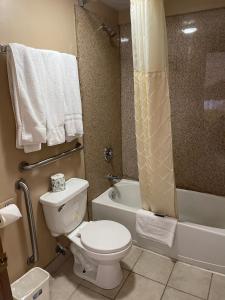 a bathroom with a toilet and a tub and a sink at Riverton Inn & Suites Riverton in Riverton