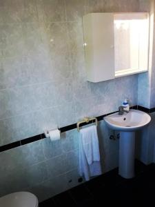 łazienka z umywalką, toaletą i lustrem w obiekcie Apartment in Sukošan with sea view, terrace, Wi-Fi (4813-2) w Sukošanie