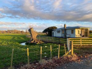 una casa y un árbol en un campo con una valla en The Cottage @ Aranui, en Wairoa