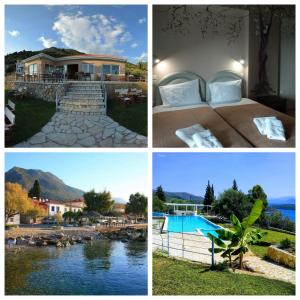 een collage van foto's van een resort met een bed en een zwembad bij Hotel Theasis in Paralía Sergoúlas