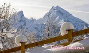 a fence covered in snow with a mountain in the background at Haus Schmidt in Berchtesgaden +1 photo