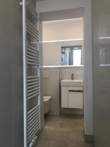 bagno con lavandino, servizi igienici e specchio di Ferienwohnung Dublin ad Hannover