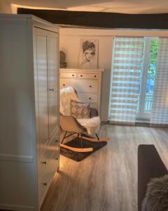 ein Wohnzimmer mit einem Stuhl und einem Schrank in der Unterkunft Ferienwohnung schöner Rheingau in Bad Schwalbach
