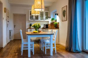een keuken met een blauwe tafel en stoelen bij Dom w dolince in Iwaniska
